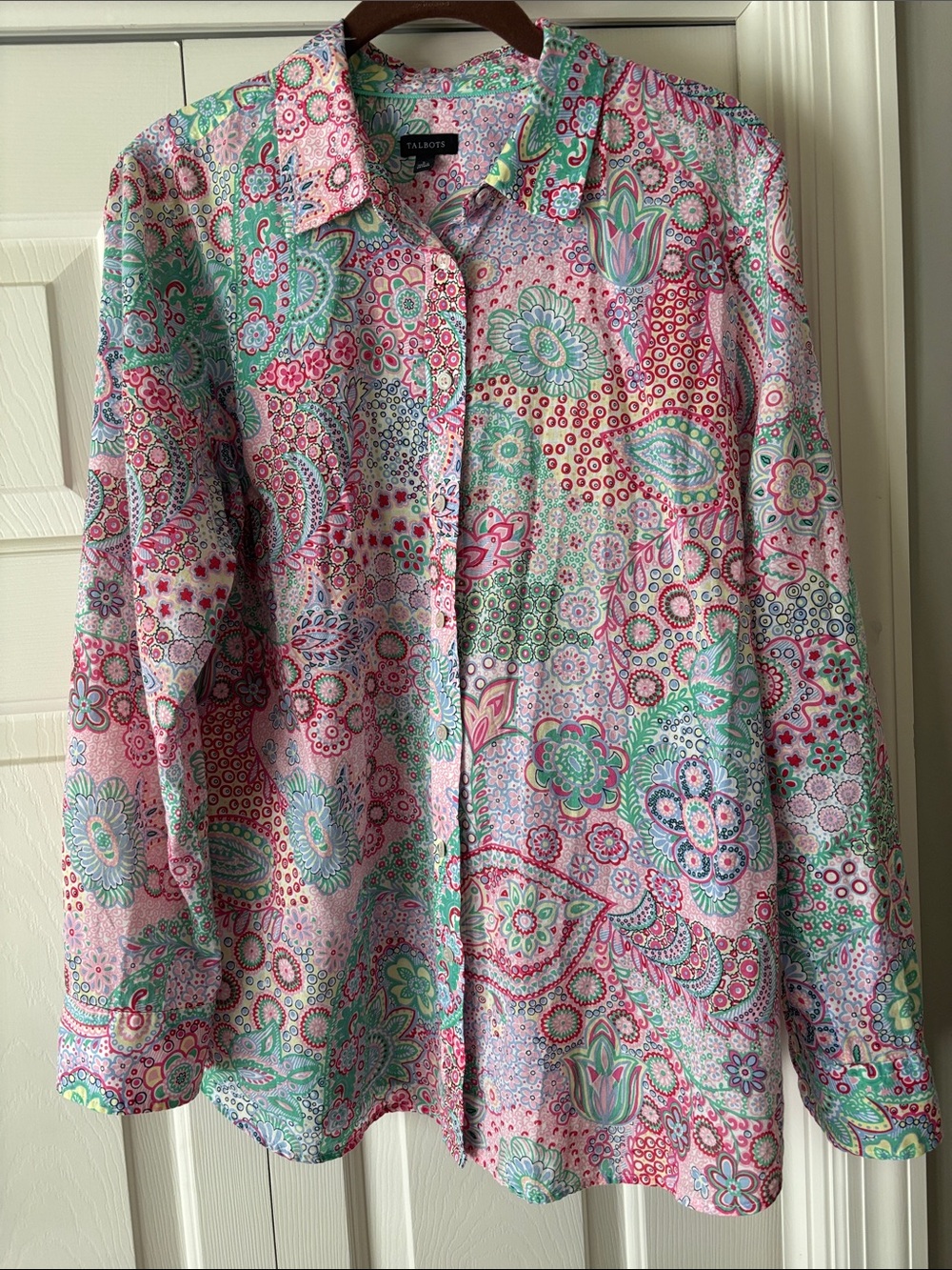 Talbots - Women’s Pink Paisley-Print Button-Down Shirt with Aqua Accents